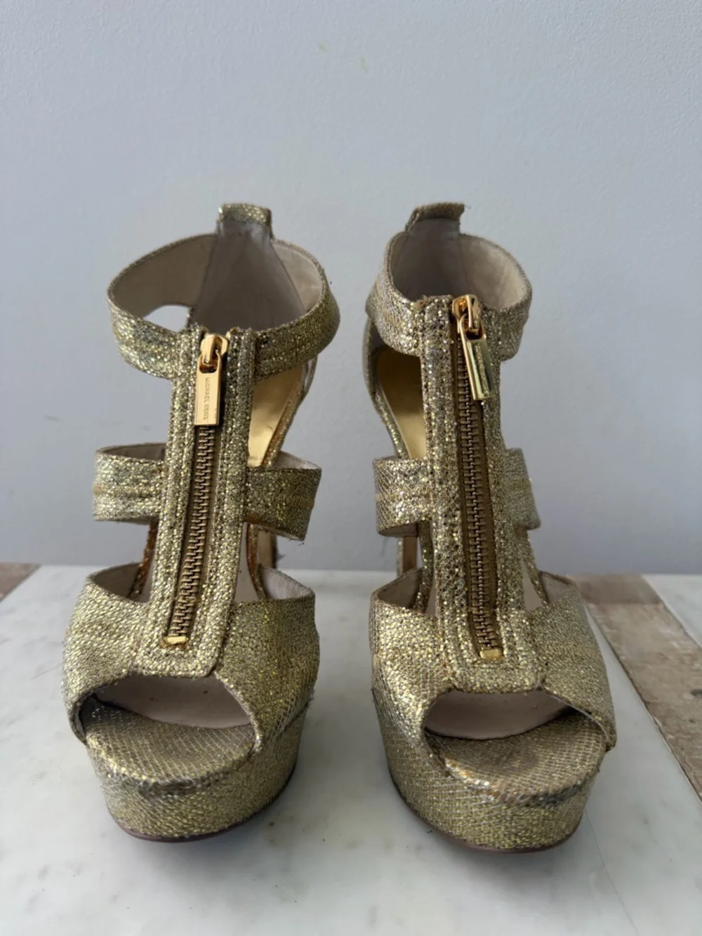 Michael Kors Gold Glitter Platform Sandals with Front Zips